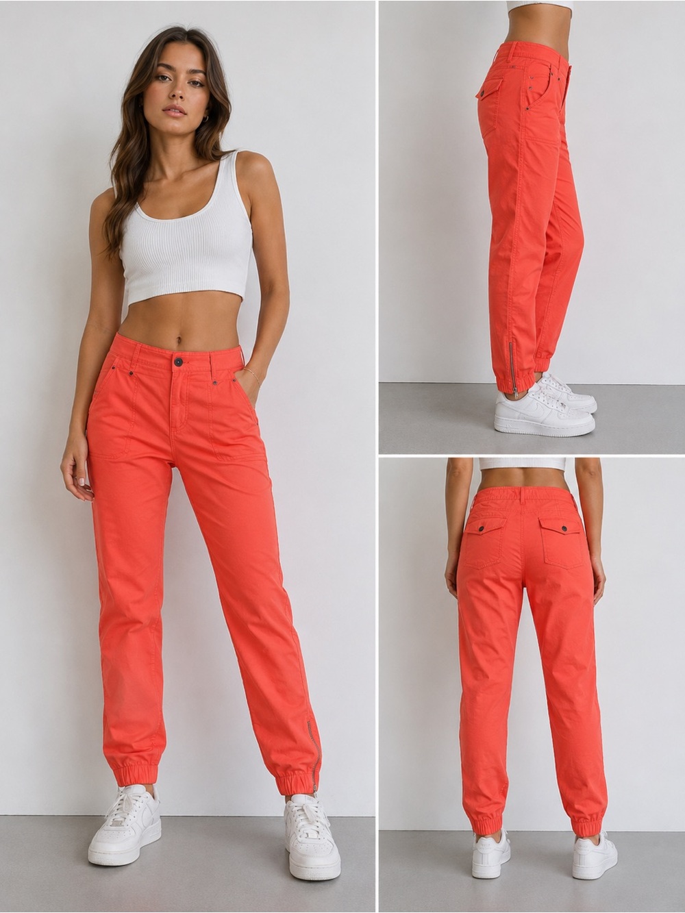 Benetton Coral Orange Jogger Pants Zip Ankle Cotton Stretch Casual